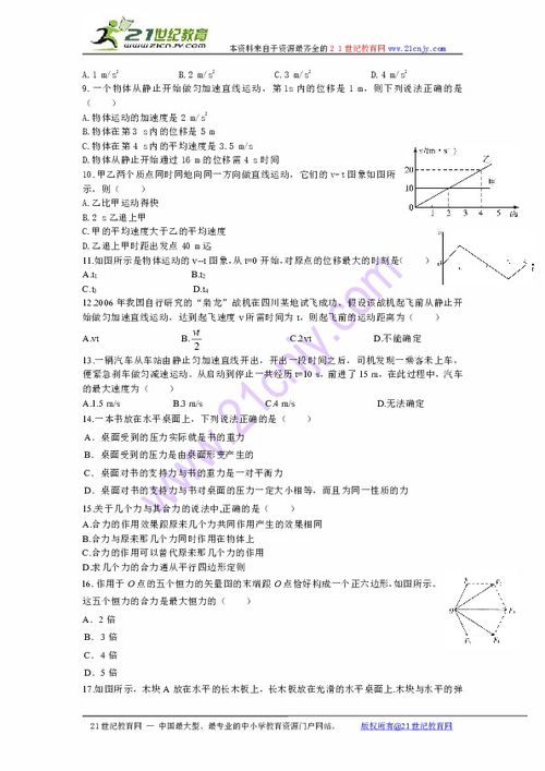 高一上學(xué)期物理基礎知識試卷